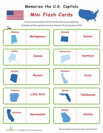 Worksheets: States and Capitals Flash Cards State Flashcards Free Printable, State Capital Flashcards Free Printable, States And Capitals Printables Free, Memory Worksheets, Usa Illustration, Learning States, United States Geography, States Capitals, Classical Conversations Cycle 3