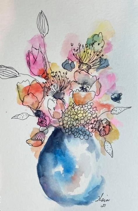 Painting Of Flowers, Watercolor Painting, Pen, Vase, Flowers, Blue, Watercolour Painting