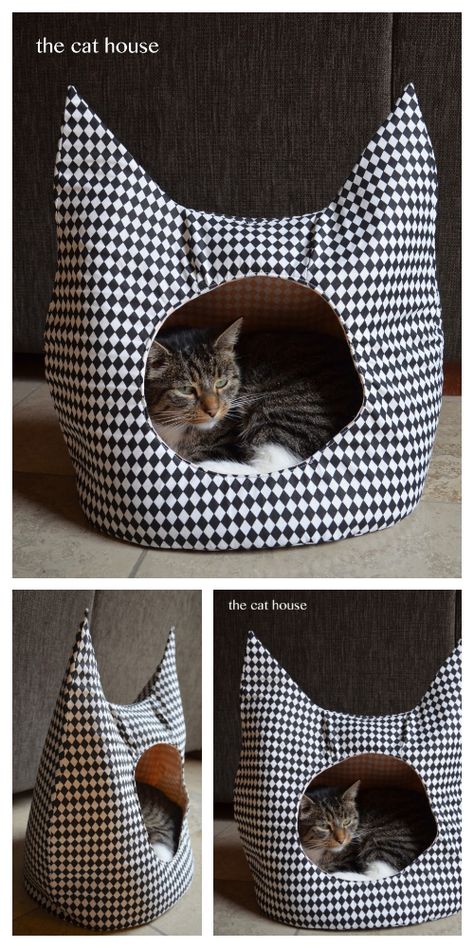 DIY Fabric Cat House Free Sewing Patterns | Fabric Art DIY Cat Bed Pattern, Katt Diy, Diy Cat Bed, Chat Diy, Diy Pet Bed, Diy Sy, Cat House Diy, Diy Cat Toys, Fabric Cat