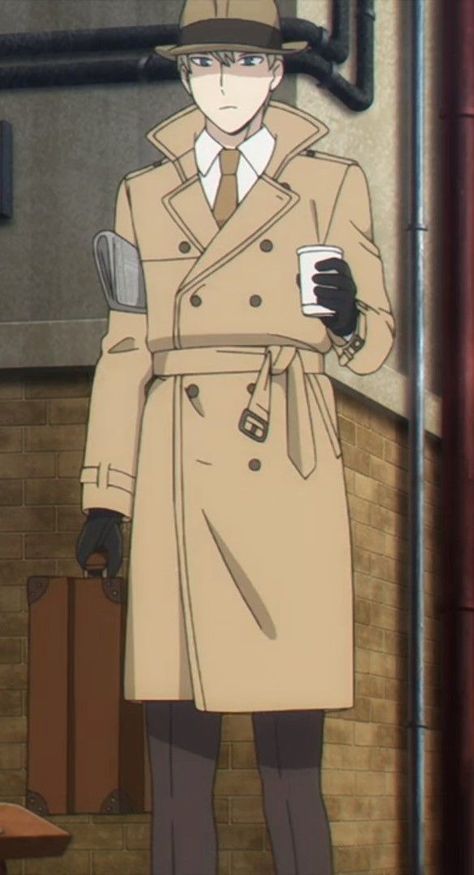 Twilight at the trainstop, receiving his orders for Operation Strix. A double-breasted khaki trenchcoat with matching fedora and tie, black gloves, and a brown briefcase give him the perfect air of a spy. Brown Briefcase, Loid Forger, Black Gloves, Pose Reference, Fedora, Double Breasted, Trench Coat, Gloves, Anime