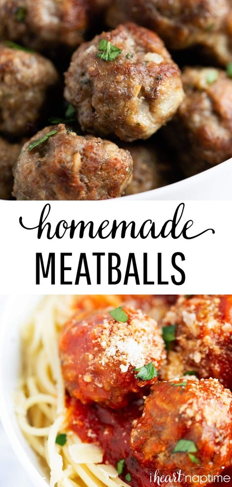 These are the best oven baked meatballs! So easy to make, juicy and flavorful. They're perfect for appetizers, meatballs subs or on top of spaghetti. #meatballs #beeffoodrecipes #beef #italian #italianfood #baked #spaghetti #easyrecipe #recipes #iheartnaptime Oven Meatballs Recipe, Meatballs Subs, Appetizers Meatballs, Homemade Meatballs Easy, Homemade Meatballs Recipe, Dinner Kids, Oven Baked Meatballs, Baked Meatballs, Spaghetti Meatballs