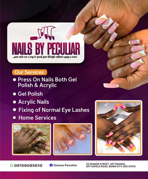 Nails Flyer Design, Nail Flyer Ideas, Ongles Design, Flyers Design, Benin City, Latest African Men Fashion, Nail Services, Flyer And Poster Design, Acrylic Gel