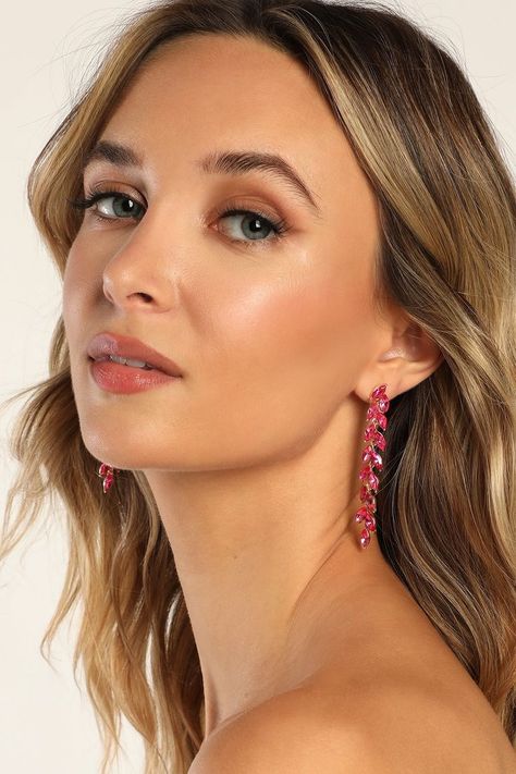 You'll always leave a little sparkle in your wake with the Lulus Shining Impression Hot Pink Rhinestone Leaf Duster Earrings! Gold toned metal shapes the settings for these eye-catching earrings that feature dangling strands of sparkling pink rhinestones that give a leaf-inspired effect. #earrings #leaf #rhinestone Duster Earrings, Lulu Fashion, Pink Rhinestones, Online Earrings, Rhinestone Earrings, Gold Tone Metal, Earrings Gold, Wedding Shop, Statement Earrings