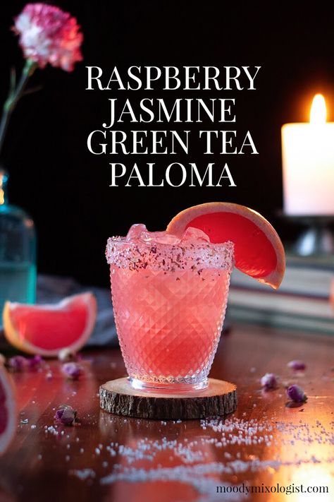 Raspberry Jasmine Green Tea Paloma - Moody Mixologist Moody Mixologist, Mixology Drinks, Paloma Cocktail, Jasmine Green Tea, Tea Cocktails, Boozy Drinks, Fancy Drinks, Mixed Drinks Recipes, Cocktail Drinks Recipes