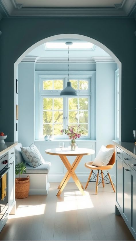 Cozy kitchen nook with a round table, vase of flowers, and wooden chair by a sunlit window. Light Blue Kitchen Ideas, Light Blue Kitchen Cabinets, Light Blue Backsplash, Blue Window Treatments, Contemporary Kitchen Lighting, Light Blue Kitchen, Blue Kitchen Ideas, Blue Kitchen Island, Light Blue Kitchens