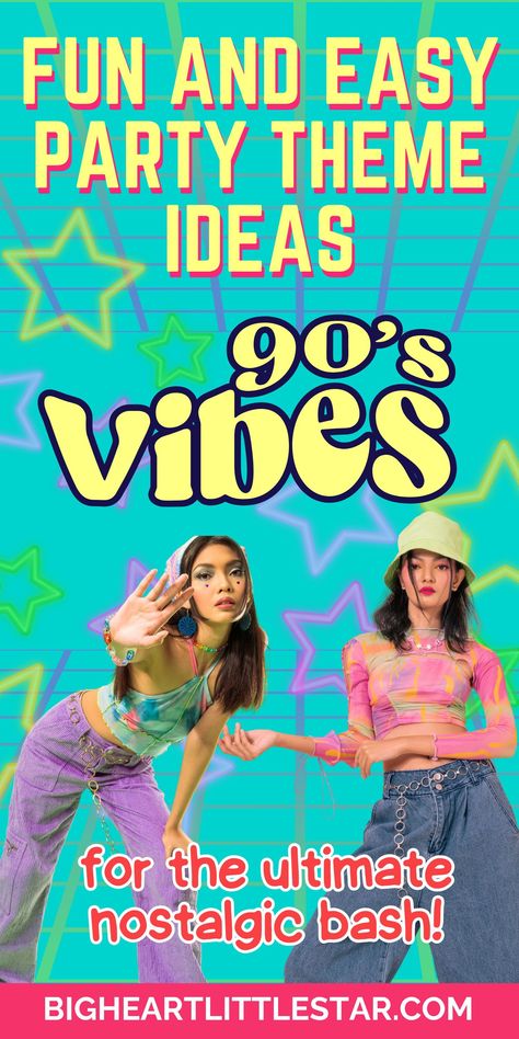 Throw a nostalgic 90s themed party with these fun decorations, food ideas, and games! This guide is packed with creative ways to bring back the 90s, from bright neon decor to iconic snacks and party activities. Whether for a birthday or a casual get-together, these ideas will make your party a hit! 90s Party Ideas, 90s Theme Party, 1990s Party Decorations, 90s Themed Party, Throwback Birthday Party Ideas, 90s Party Decorations Ideas, 90s Themed Food, Decade Party 90s Themed Sleepover, 90’s Decorations, 1994 Themed Birthday Party, Classy Theme Party, Dress Up Themes For Adults, Party Ideas 90s Theme, Party Dress Up Themes, 90’s Party, 90s Birthday Party Theme For Adults