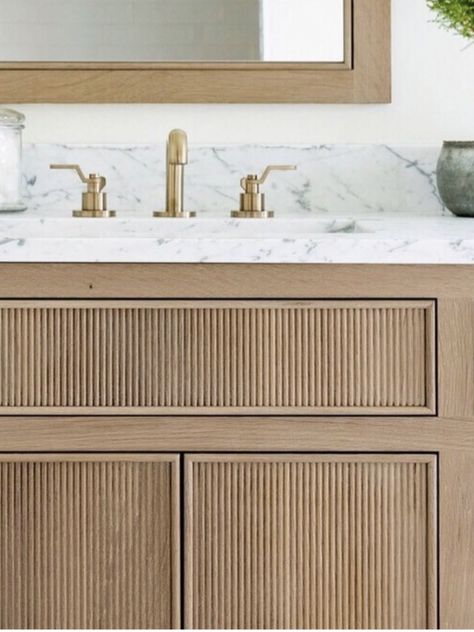 Flat Front Bathroom Cabinets, Bathroom Vanity Cane Doors, Reeded Bathroom Cabinet, Reeded White Oak Vanity, Fluted Cabinet Bathroom, Reeded Cabinets Bathroom, Fluted Wood Vanity, Pole Wrap Bathroom Vanity, Reeded Bathroom Vanity