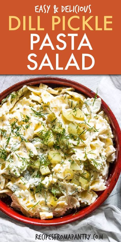 Brunch Salad Recipes, Dill Pickle Pasta Salad Recipe, Picnic Sides, Pickle Pasta Salad, Pickle Pasta, Easy Potluck Recipes, Dill Pickle Pasta Salad, Brunch Salad, Bowtie Pasta Salad