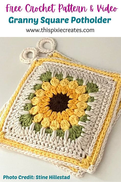 Granny Square Potholder, Crochet Pot Holders Free Pattern, Sunburst Granny Square, Crochet Potholder Patterns, Crochet Hot Pads, Crochet Potholders, Crochet Daisy, Crochet Sunflower, Crochet Fall