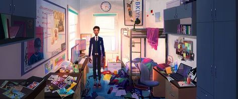 Miles Morales Room, Room Concept Art, Spiderman Design, Spiderverse Spiderman, Room Concept, Summer Bedroom, Superhero Room, Scene Art, Human Poses Reference