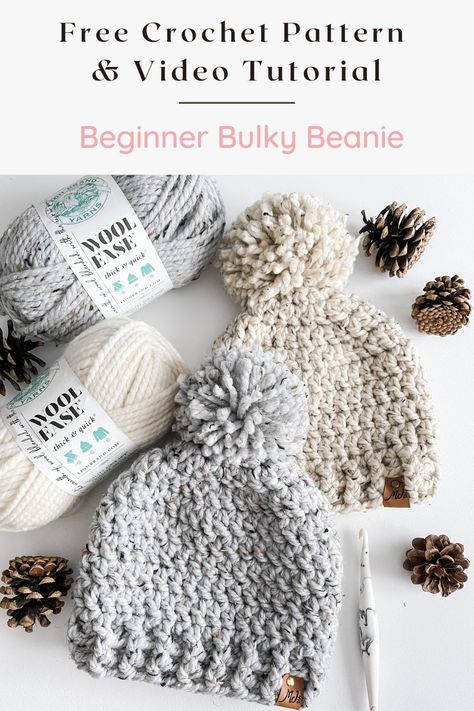 6 Yarn Crochet Pattern, Chunky Beanie Crochet Pattern, Chunky Yarn Patterns, Beanie Free Crochet Pattern, Bulky Yarn Patterns, Bulky Yarn Crochet, Chunky Crochet Hat, Chunky Yarn Crochet, Beanie Pattern Free