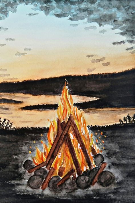 Bonfire Campfire painting watercolor Bonfire Painting Campfire painting easy Bonfire Painting tutorial Bonfire Painting for beginners Campfire Painting Easy, Fire Pit Painting, Camp Fire Paintings, How To Draw A Campfire, Bonfire Sketch, Bonfire Watercolor, Camping Painting Easy, Campfire Watercolor, Camp Fire Art