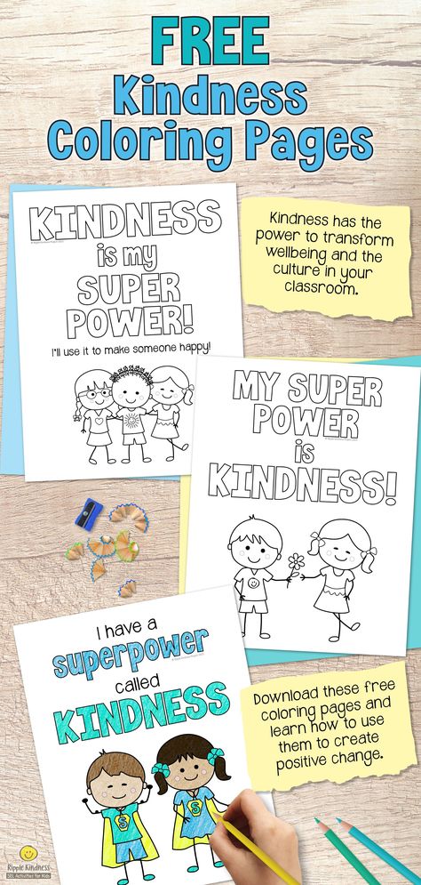 Do you need to encourage kindness and respect in your classroom? These FREE coloring pages help students understand that kindness is their superpower and using it makes people like them. Download your mindfulness coloring pages today and receive lots of tips for using coloring to improve wellbeing and the classroom community. #kindness #kindnesscoloringpages #freecoloringpages #freebies #coloringforkids Kindness Is My Superpower Activities, Kindness Is A Superpower, Kindness Activity Kindergarten, Kindness Is My Superpower, World Kindness Day Preschool, Kindness Coloring Pages Free Printable, Kindness Superpower, Kindness Superhero, World Kindness Day Activities Kids