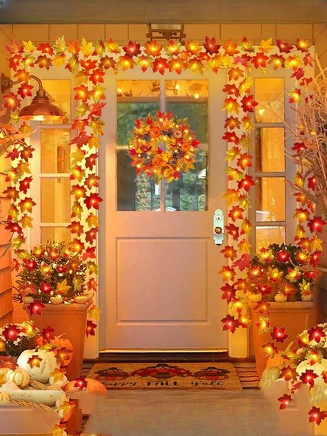 10 Ft 20 LEDs Thanksgiving Fall Pumpkin Garland Lights & Enlarged Maple Fall String Lights Thanksgiving Halloween Pumpkins Lights, Waterproof Battery Operated Fall Decoration Indoor OutdoorI discovered amazing products on SHEIN.com, come check them out! Thanksgiving Decorations Outdoor, Window Bedroom, Garland Lights, Acorn Decorations, Outdoor Fence, Couples Wall Art, Pumpkin Garland, Gold Home Decor, Autumn Thanksgiving