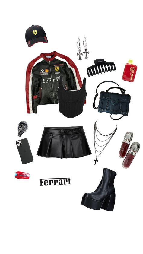 ferrari wag outfit, leather aesthetic f1 formula 1 Ferrari Outfit Aesthetic, F1 Outfit Ideas, F1 Inspired Outfits, F1 Wags Outfits, Ferrari Outfit, F1 Fashion, Leather Aesthetic, Outfit Layouts, Race Day Outfits