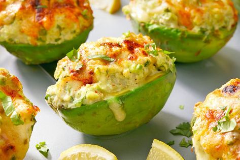 Crab-Stuffed Avocado Recipe Crab Stuffed Avocado Recipes, Crab Stuffed Jalapenos, Crab Stuffed Avocado, Stuffed Avocado, Avocado Recipe, Crab Stuffed, Crab Salad, Pepper Jack Cheese, Pickle Relish