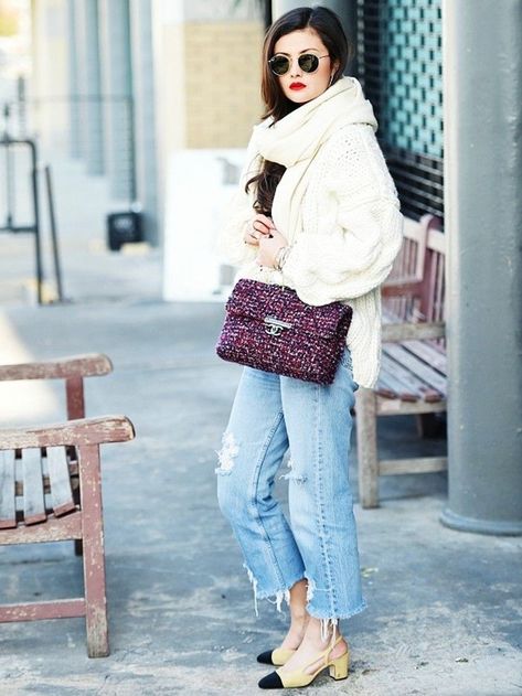 10 Style Bloggers, 10 Very Clever Outfit Tweaks | Who What Wear UK Tweed Bag Outfit, Jeans With Chains, November Fashion, Sling Back Shoes, Chanel Slingback, Style Tips And Tricks, Back Shoes, Tweed Bag, Outfit Inspiration Women