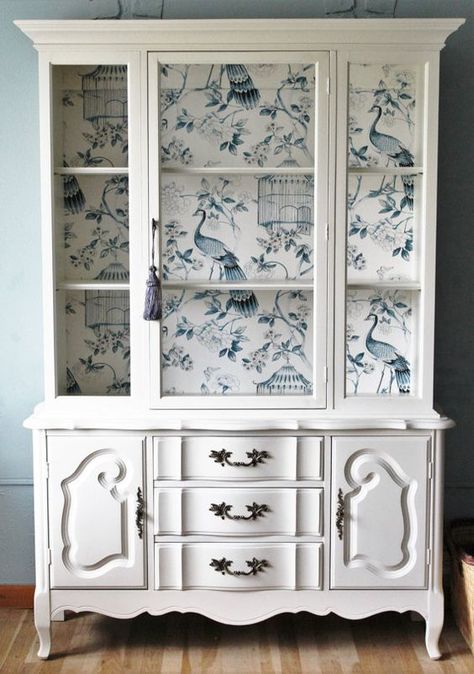 China Cabinet Makeover Ideas, China Cabinet Painted, Cabinet Makeover Ideas, White China Cabinets, China Cabinet Makeover, Painted China Cabinets, Antique China Cabinets, Smart Tiles, Cabinet Makeover