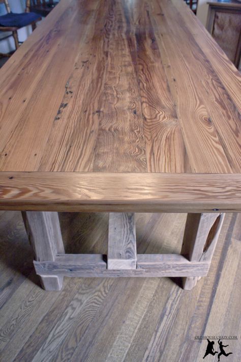 Old House Crazy - Reclaimed Heart Pine Farmhouse Table - DIY - 66 Farmhouse Table Diy, Diy Farm Table, Farmhouse Tabletop, Barnwood Table, Pine Dining Table, Heart Pine, Diy Farmhouse Table, Pine Table, Pine Furniture