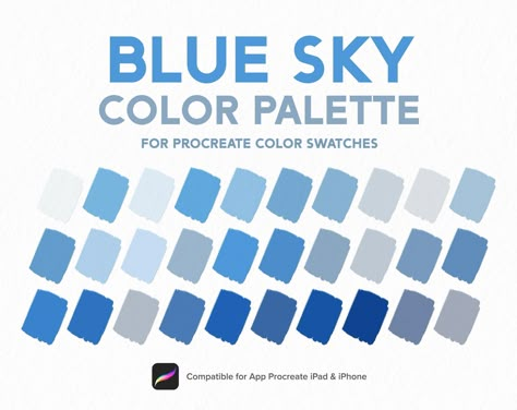 Hello! Here are 30 Blue Sky color swatches that we picked out so you can only import and use in the Pro Creator app. These colors cover warm, cool tones that are old but also modern. Blue Sky Color Palette, Cloud Color, Sky color, Procreate Palette, Procreate Tools, Swatches | Colors for Procreate on iPad 30 Colors. Hope you will like it After purchase, You can download the file from your Safari web browser, not the Etsy app.  Once files are downloaded, you must open the file, the palette will a Procreate Blue Palette, Colour Blue Palette, Blue Sky Color Palette, Blue Tones Palette, Sky Blue Color Palette, Sky Color Palette, Sky Palette, Procreate Etsy, Blue Color Palettes