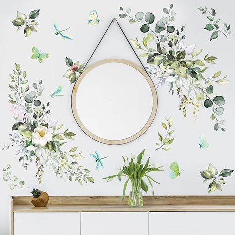 Amazon.com: Green Leaves Wall Decal Plant Wall Decals Peel and Stick Decals Rustic Vines Wall Art Murals Butterflies Flower Sticker Boho Hanging Leaves Wall Stickers for Living Room Bedroom Bathroom Nursery Decor : Tools & Home Improvement Wall Decals For Bathroom, Vines Wall, Peel And Stick Decals, Hanging Leaves, Sage Green Walls, Vine Wall, Tropical Tree, Watercolor Plants, Wall Stickers Living Room