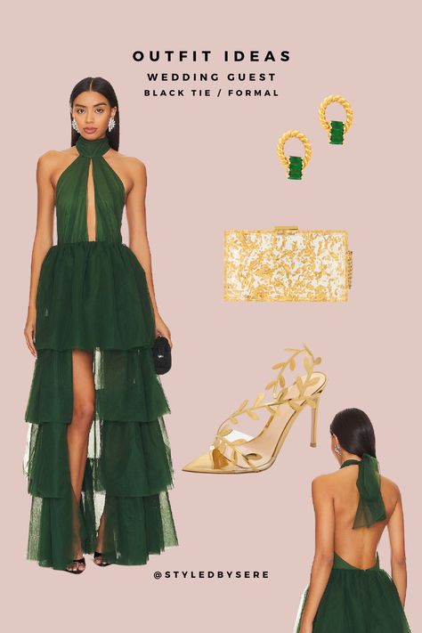 Bring a deep whimsy to your wedding guest look with this beautiful forest green tulle gown. Cut outs in all the right spots, the tiered ruffles bring romance to the look. Gold vine heels, a golden speckled clutch, and golden wrapped earrings add character & class to the ensemble. Green Dress Gold Accessories, Vine Heels, Green Tulle Gown, Wedding Guest Black Tie, Forest Green Dresses, Golden Garden, Black Tie Formal, Green Tulle, Wrapped Earrings