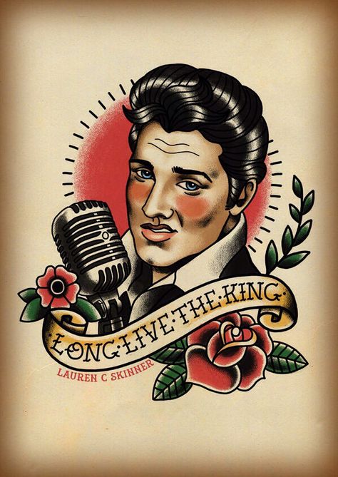 Elvis the king Elvis Tattoo, Sailor Jerry Tattoo Flash, Tattoo Portrait, Traditional Tattoo Old School, Elvis Art, Long Live The King, King Tattoos, Retro Tattoos, Tattoo People