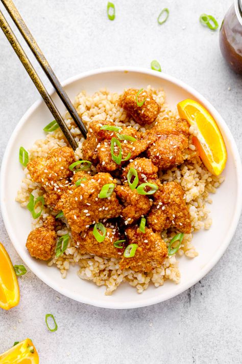 Crispy Orange Cauliflower - Darn Good Veggies Easy Orange Sauce, Chinese Orange Chicken, Orange Sauce Recipe, Orange Cauliflower, Garbanzo Bean Flour, Bean Flour, Orange Sauce, Freshly Squeezed Orange Juice, Baked Cauliflower