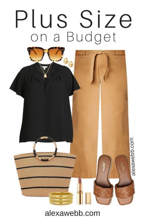 Plus Size on a Budget – Neutral Summer Work Outfit - A plus size business casual outfit for summer with neutral colors. A plus size black short sleeved blouse with camel brown pants and woven slide sandals. Alexa Webb Plus Size On A Budget, Casual Outfit For Summer, Plus Size Business Casual, Summer Work Outfit, Plus Size Business, Alexa Webb, Capsule Wardrobe Women, Business Casual Outfit, Outfit For Summer