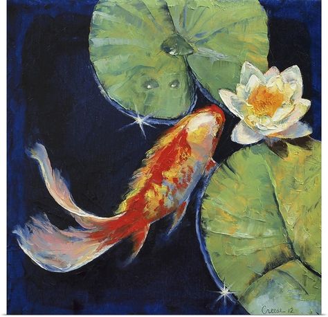 Contemporary artwork of a red koi fish swimming near the surface of the water with lily pads and a lotus flower. Koi Fish Art, White Water Lily, Painting Mountains, Koi Painting, Koi Fish Drawing, Koi Art, Lily Painting, Watercolor Fish, Fish Drawings