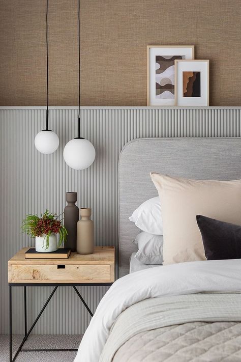 Bedroom Modern Paneling, Bed Headboard Panelling, Wood Panel Headboard Bedroom, Neutral Bedroom Feature Wall, Modern Panelling Bedroom, Wall Paneling In Bedroom, Scallop Wall Panel, Wall Paneling Ideas Bedroom Headboards, Textured Wall Behind Bed