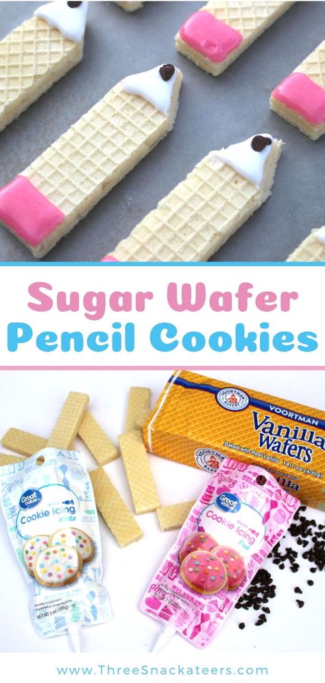 These adorable Sugar Wafer Pencil Cookies will earn you an A+! Just three simple ingredients and they are so quick and easy to make. Recipe at www.three.snackateers.com  #wafercookies #backtoschool #nobaketreats #nobakesnacks #kidsnacks 3 Ingredient Pencil Cookies, Cookies For School Lunches, Pencil Chocolate Covered Pretzels, Pencil Cookies With Wafers, Pencil Sugar Cookies, Homemade Chocolate Chip Cookies Recipe, Cheap Snack, Cookie Delivery, Rolled Sugar Cookies