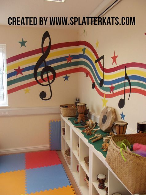 Music Themed Wall Art, Preschool Music Classroom Decor, Music Room Decorations School, Music Theme Classroom Ideas, Preschool Music Center, Music Wall Art Ideas, Music Classroom Design, Music Themed Nursery, Kids Music Room