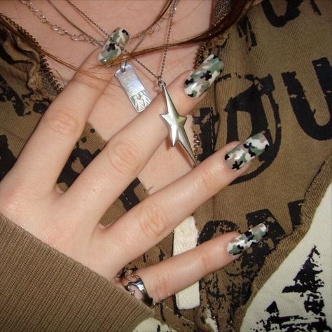 Mugler Star, Camo Nails, Enya Umanzor, Nails Inspired, Print Nails, Indie Sleaze, Inspired By, Camo Print, Star Necklace