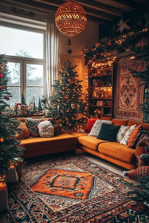 29 Christmas Aesthetic Ideas To Capture The Spirit Of The Season - Courtneys World Christmas Decor Eclectic, Holiday Spirit Aesthetic, Eclectic Christmas Ornaments, Bohemian Christmas Decor, Eclectic Christmas Decor, Christmas Aesthetic Ideas, Living Area Ideas, Hippie Christmas, Holiday Dining Room