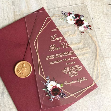 WOW your guests with these stunning burgundy & ivory acrylic wedding invitations. They feature a geometric frame and floral bouquets.  FULLY PERSONALISED TRANSLUCENT ACRYLIC INVITATION INCLUDES THE FOLLOWING: INVITATION UV printed on a beautifully clear 1mm or 2mm acrylic or 0.5mm PVC (please make your choice from the drop-down menu) Text is fully customisable - Change as little or as much as you like! Dimensions: 127 x 178 mm / 5 x 7 inch INVITE ENVELOPE Invites are supplied with 120/130gsm env Perspex Wedding Invitations, Burgundy Theme Wedding Invitation, Acrylic Wedding Invitation Burgundy, Translucent Wedding Invitations, Wedding Themes Burgundy, Burgundy Wedding Invites, Crimson Wedding Theme, Burgundy Invitations Wedding, Burgandy Wedding Themes