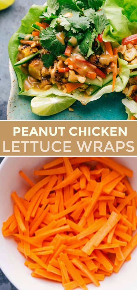 Peanut Chicken Lettuce Wraps are an easy and healthy low-carb meal that can be ready in about 30 minutes. These wraps are filled with seasoned chicken, crisp veggies and herbs, crunchy peanuts, and a sweet peanut sauce. #peanutsauce #healthy #whole30 #grilled #carrots #peanut #chicken #lettuce #wraps Peanut Chicken Lettuce Wraps, Chelsea's Messy Apron, Medicine Tips, Lettuce Wrap Recipes, Boiled Egg Diet Plan, Peanut Chicken, Low Carb Chicken Recipes, Boiled Egg Diet, Chicken Lettuce Wraps