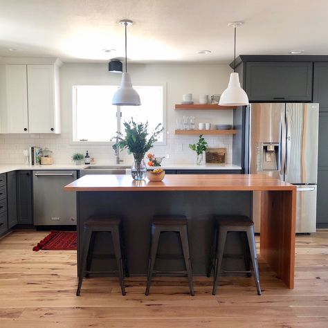 Butcher block waterfall island and gray cabinets. Butcher Block Waterfall Island, Butcher Block Waterfall, Kitchen Butcher Block, Waterfall Island Kitchen, Butcher Block Island Kitchen, Mcm Kitchen, Waterfall Island, Butcher Block Island, Butcher Block Kitchen