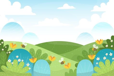 Free Vector | Hand drawn spring landscape illustration Forest Cartoon, Yellow Artwork, Illustration Story, 강아지 그림, Landscape Concept, Spring Landscape, Landscape Background, Summer Landscape, Cartoon Background