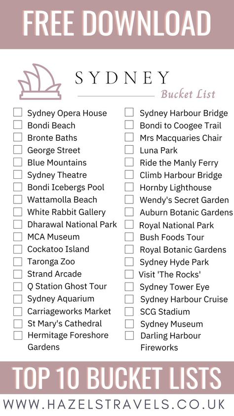 Printable Sydney bucket list. PDF download. Trip planning for travellers, world cities bucket lists for travel plans and holidays. Australia Continent, Sydney Australia Travel, Australia Travel Bucket Lists, Bucket List Printable, Australia Bucket List, Australian Road Trip, Australia Itinerary, Australia Backpacking, Sydney Travel