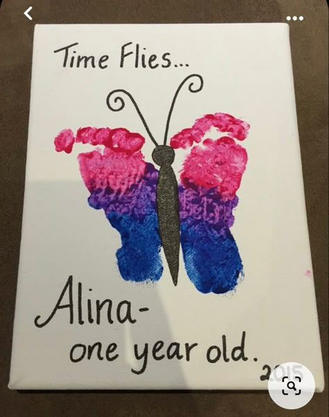 One Year Old Footprint Art, One Year Old Handprint Art, 1st Birthday Art Project, One Year Old Painting Ideas, Butterfly Crafts For Infants, Daycare Crafts For One Year Olds, One Year Old Birthday Craft, First Birthday Handprint Art, Infant Portfolio Ideas