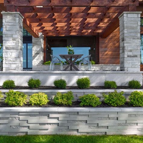 Modern Retaining Wall, Retaining Wall Landscape, Retaining Wall Patio, Retaining Wall Ideas, Backyard Retaining Walls, Wall Landscape, Contemporary Landscape Design, Landscape Stairs, Landscape Steps