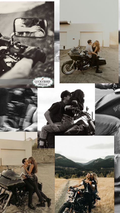 Motorcycle Couple Photography, Motorcycle Engagement Photos, Motorcycle Couple Pictures, Motorcycle Photo Shoot, Valentine Photo Shoot, Engagement Picture Outfits, Biker Photoshoot, Motorcycle Photography, Bike Photoshoot