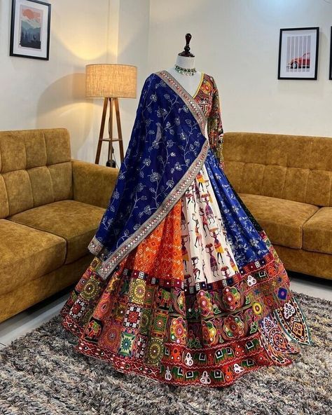 Fabric Details :-  Lehenga :- Fabric :- Soft Butter Silk (Semi-Stitched) Work :- Fancy Digital Print Work & Real Mirror Work Inner :- Micro Cotton  Flair :- 4 Meter  Length : 42-44 Inch   Blouse :-  Fabric :- Soft Butter Silk (Un-Stitched)  Work :- Fancy Digital Print Work & Real Mirror Work   Duaptta :-  Fabric :- Soft Butter Silk   Work :- Fancy Digital Print Work & Real Mirror Work  #lehenga #lehengacholi #navratri #navratrispecial #festivalwear #indianlehenga #traditional #indianoutfits Gujarati Chaniya Choli, Navratri Aesthetic, Gujarati Garba, Garba Chaniya Choli, Garba Navratri, Dandiya Dress, Garba Outfit, Chaniya Choli Designs, Garba Dress