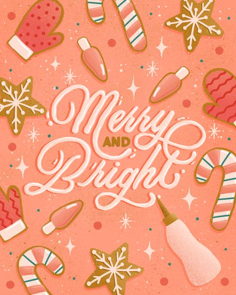 Festive Christmas cookie illustration on a coral background with frosting lettering animation Lettering Animation, Gif Christmas, Christmas Widgets, Procreate Ideas, A Pink Christmas, Christmas Typography, Holiday Lettering, Pink Xmas, Xmas Tees