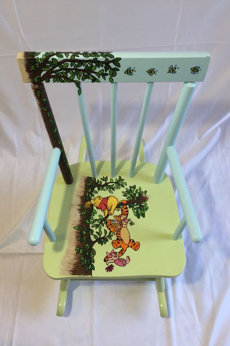 Winnie The Pooh Rocking Chair, Planter Chairs, Painted Wooden Chairs, Teacher Chairs, Painted Rocking Chairs, Diy Rocking Chair, Baby Rocking Chair, Hand Painted Chairs, Kids Rocking Chair