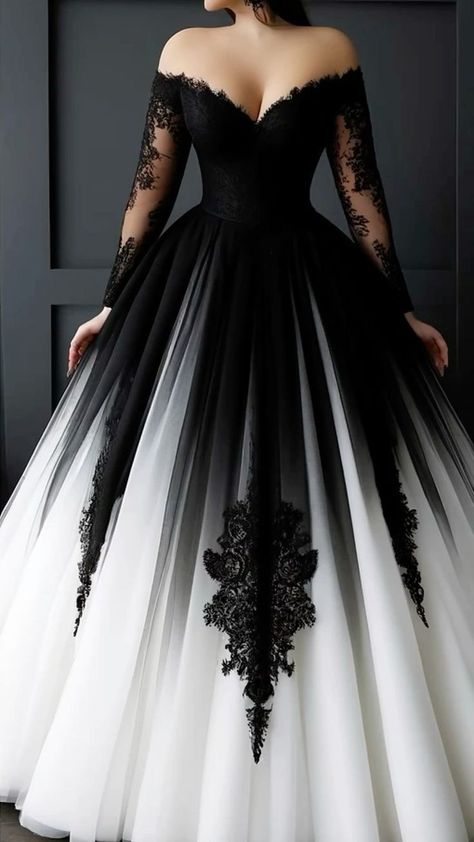 Black Wedding Dress With White Veil, Red White And Black Wedding Dress, Batman Wedding Dress, Dark And Moody Wedding Dress, Black And White Wedding Dress With Sleeves, Blood Wedding Dress, Witchy Wedding Dresses, Dark Romantic Wedding Dress, White Wedding Dress With Black Lace