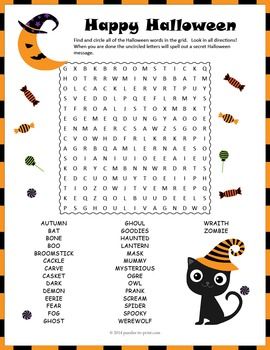 Halloween Puzzle: Halloween Word Search - with a SECRET MESSAGE - A word search puzzle featuring 30 Halloween vocabulary words and a secret message.  This would make a good activity for early finishers or a handout for kids to take home and enjoy.  Word search puzzlers will improve spelling and expand vocabulary while having fun.The words may be hidden in any direction (including diagonally and backwards) and there may be some overlap. Halloween Esl, Expand Vocabulary, Holiday Word Search, Halloween Vocabulary, Puzzle Worksheet, Halloween School Treats, Halloween Word Search, Halloween Puzzles, Halloween Class Party