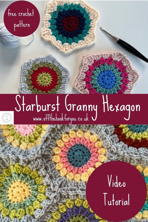 Crochet Starburst Granny Square, Crochet Hexagon Pattern, Crochet Starburst, Starburst Granny Square, Granny Square Step By Step, Granny Square Hexagon, Hexagon Crochet Pattern, Hexagon Crochet, Loom Knitting Tutorial