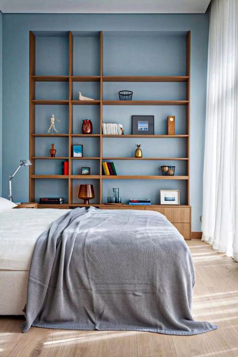 Bedroom Shelf Design, Shelving Unit Bedroom, Wall Shelves Living Room, Bedroom Shelves, Shelf Decor Bedroom, Wall Shelves Bedroom, Bookshelves In Bedroom, Small Bedroom Storage, Wall Shelves Design